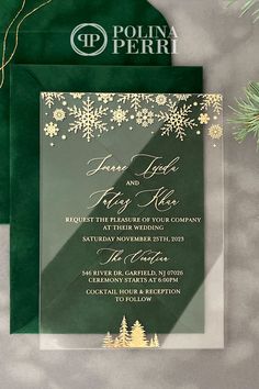 Gold foil acrylic wedding invitations adorned with gold foil-stamped winter-themed patterns such as delicate snowflakes and pine trees evoke an enchanting sense of Christmas elegance. Green velvet envelopes are enclosed. Wedding Invitations Acrylic, Acrylic Backdrop, Christmas Wedding Invitations, Acrylic Invitations, Winter Weddings, Winter Themed