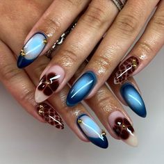 Blue And Brown Nails Designs, Navy Almond Nails, Almond Nail Designs Trending Now, Blue Velvet Nails, Brown And Blue Nails, Almomd Nails, Nails Earthy, Rasta Nails, Blue Nail Ideas