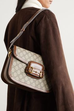 Brown 1955 horsebit-detailed leather-trimmed printed coated-canvas shoulder bag | Gucci | NET-A-PORTER Best Designer Bags, It Bag, Gucci Horsebit, Sienna Miller, Bags Aesthetic, Samar, Print Coat, Designer Shoulder Bags, Canvas Shoulder Bag