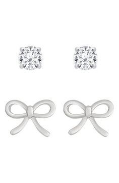 Kiddos will love accessorizing their looks with this sterling silver bow and cubic zirconia stud earrings set. Adult supervision strongly recommended; jewelry presents choking hazard and should be removed when infant or small child is unattended Set of two stud earrings Post back Sterling silver/cubic zirconia Imported Bow Cubic Zirconia Jewelry For Anniversary, Cubic Zirconia Bow Jewelry For Anniversary, Bow Detailed Cubic Zirconia Jewelry For Anniversary, Silver Cubic Zirconia Jewelry With Bow Detail, White Gold Bow Jewelry With Cubic Zirconia, Silver Cubic Zirconia Jewelry With Bow, White Gold Cubic Zirconia Jewelry With Bow Detail, White Gold Cubic Zirconia Jewelry With Bow, Classic Silver Jewelry With Bow Detail