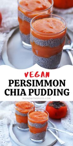 vegan persimmoni chia pudding in small glass cups on a plate