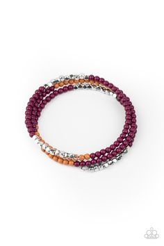 Infused with sections of shimmery silver cubes, a colorful collision of Magenta Purple and brown beads are threaded along a coiled wire, creating an earthy infinity wrap style bracelet around the wrist.

 Sold as one individual bracelet. Infinity Wrap, Purple And Brown, Coil Bracelet, Magenta Purple, Purple Bracelet, Purple Jewelry, Hot Jewelry, Paparazzi Accessories, Paparazzi Jewelry