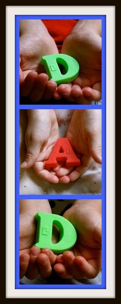 three pictures of hands holding plastic letters with the letter d on them