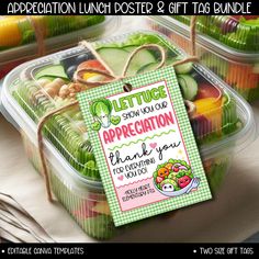 a plastic container filled with lots of different types of food next to a sign that says appreciation lunch poster & gift tag bundle