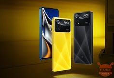 three different models of the new poco phone, one in yellow and one in black