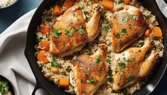 chicken and rice in a skillet with carrots, parsley on the side