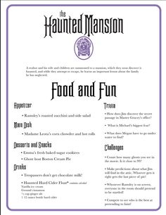 a menu for the haunted mansion food and fun