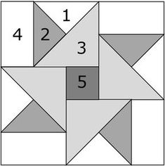 the four pointed star quilt block is shown in grey and white, with numbers on each side