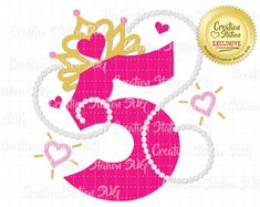 the number five with hearts and crowns on it, in pink and gold colors is surrounded by