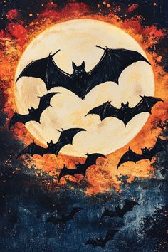 a painting of bats flying in front of a full moon with orange and black paint