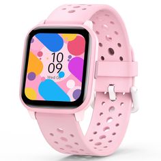 a pink smart watch with holes on the face