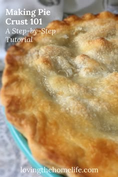 a pie sitting on top of a blue plate