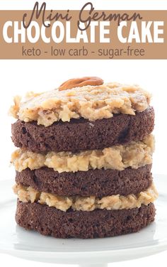 a close up of a stack of cookies on a plate with the words mini german chocolate cake keto - low carb - sugar - free