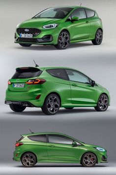 the side and back view of a green car in three different views, one showing the hatchback