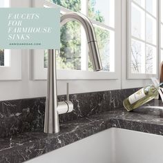 a faucet in a kitchen sink next to a window with the words faucets for farmhouse sinks above it