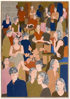 a painting of people sitting at tables in an auditorium