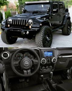 the inside and outside view of a jeep with black leather seats, steering wheel covers and dashboard controls