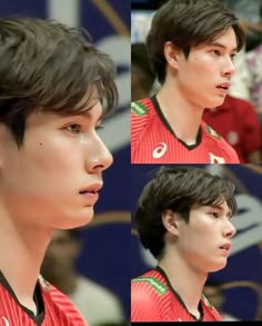 three different shots of a young man with black hair and wearing a red jersey shirt