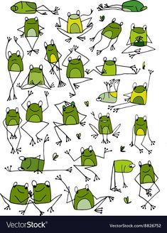 frogs and toades in different poses on white background with green froglings behind them