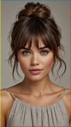 Bangs With Part In The Middle, Short Bangs Wedding Hairstyle, Parted Fringe Hairstyles, Bangs For Very Fine Hair, Hairstyle With Short Bangs, Bridesmaid Hairstyles Medium Length Fine Hair, Hoco Hair With Bangs, Half Up With Bangs Hairstyles, Shorter Hair With Bangs