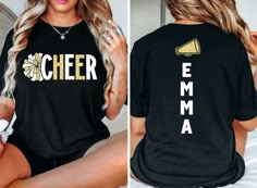 Glitter Cheer Shirt,Cheer Squad Shirts, Cheer Team Shirts,Cheerleader Shirt,Custom Name,Cheerleader Gift,Cheer Tees,Cheer Shirt,Cheer Spirit This fun Cheer tee is perfect to wear for any game or cheer competition. This Bella Canvas tee is soft and great for everyday wear.  ♥ How To Order: ♥ HOW TO Order: 1) Select Shirt STYLE and COLOR from 1st drop down (see charts in pictures for options of colors for each style) 2) Choose the SHIRT SIZE from the 2nd drop down (see measurement charts in pictur Sublimation Cheer Shirts, Elementary Cheer Shirts, Cheer Camp Shirt Ideas, Cheer Team Shirts Design, Cheer Squad Shirts, Cheer Shirts Designs Spirit Wear, School Cheer Shirts, Cheer Shirt Ideas, Cheer Shirts Designs