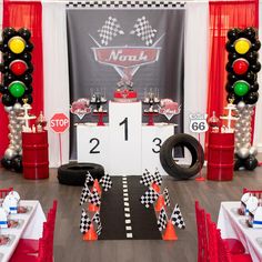 a race themed birthday party with balloons and decorations