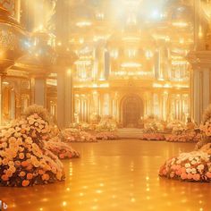 an elaborately decorated building with flowers in the foreground and lights shining on the ground