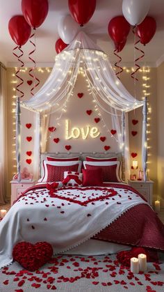 a bedroom decorated in red and white with lots of hearts on the bed, lit by candles