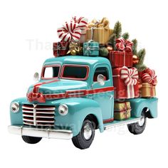 an old blue truck with christmas presents on the back is shown in front of a white background