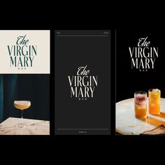 the virgin mary menus are on display with drinks in glasses next to each other