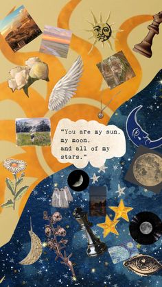 a collage of images with words and pictures on them, including an image of the moon