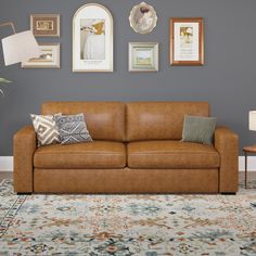 a tan leather couch sitting in front of a blue wall with pictures on the wall