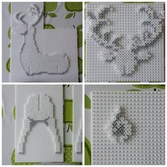 four different pictures of sheep made out of perler beads and beadwork on canvases