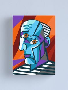 a painting of a blue man with orange eyes