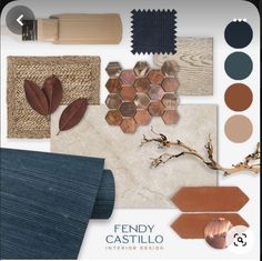 the interior design is in shades of blue, brown and beige with leaves on them