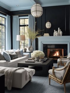 Coastal Living Room With Black Walls Modern Living Room Sofa Set, Dark Living Room Ideas, Dramatic Aesthetic, Dark Furniture Living Room, Light Blue Living Room, Dark Living Room, Modern Living Room Sofa, Stylish Sofa Sets, Luxury Furniture Sofa