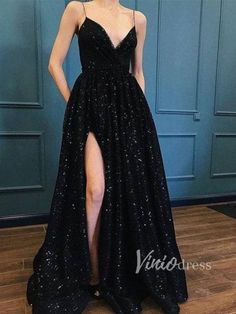 Spaghetti Strap Glittering Black Long Prom Dresses FD1407 – Viniodress Long Black Evening Dress, Sparkly Prom Dress, Sparkly Prom Dresses, Trendy Prom Dresses, Prom Dresses With Pockets, Dresses Formal Elegant, Black Prom Dress, Cute Prom Dresses, Beautiful Prom Dresses