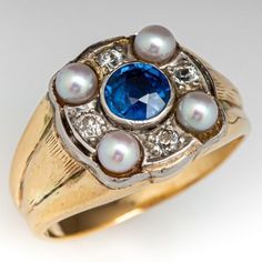 Thai Sapphire Princess Ring 10K Yellow Gold/ Sterling Silver Seed Pearl Ring, Crossover Ring, Princess Ring, Greenish Blue, Silver Tops, Princess Style, Domed Ring, Pearl Ring, Yellow Gold Rings