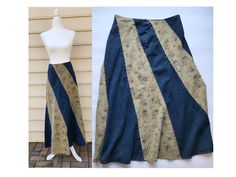 "Brand: St Johns Bay Color: Blue and Tan Listed Size: 18 Tall Fits like Modern: 1X Material: 100% Cotton Waist: 36\" Hips: 51\"  Total length: 40.25\" This skirt is EVERYTHING.  It is in perfect vintage condition with no flaws. Zip and eye hook closure.  No pockets. This is 100% cotton and does not have any stretch - please check measurements to ensure a good fit!" Spring Fitted Patchwork Skirt, Spring Fitted Skirt With Patchwork, Fitted Bohemian Patchwork Denim Skirt, Tall Skirt, Boho Rock, Womens Denim Skirts, High Waisted Jean, Floral Cottagecore, Boho Skirt