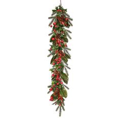 a christmas garland with pine cones, holly and red berries hanging from it's side