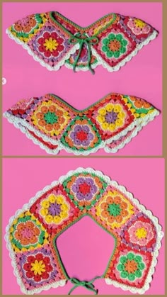 crocheted doily is shown in three different colors and sizes, including one with flowers on it