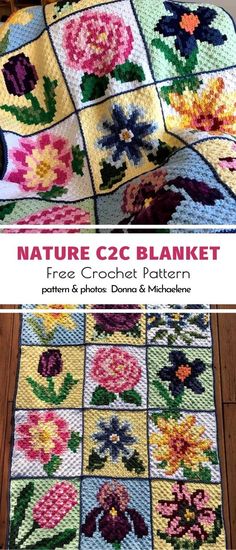 a crocheted blanket with flowers on it and the words nature c2c blanket cal