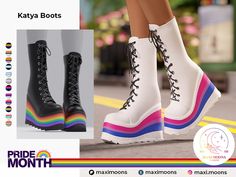 a pair of white boots with rainbow stripes and black laces on the bottom are featured in this ad for pride month