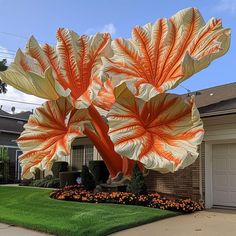 a large orange and white flower sculpture in front of a house