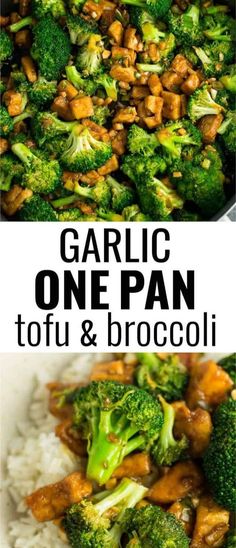 garlic one pan tofu and broccoli on top of rice in a skillet