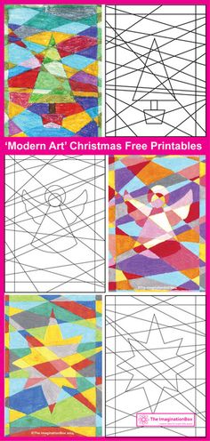 four different pictures with the words modern art christmas tree printables on them and an image