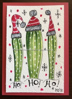 a christmas card with three green cactuses wearing hats