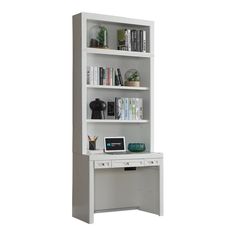 a white desk with bookshelf and computer on it