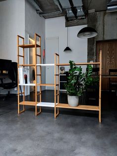 a plant in a white pot on a wooden shelf next to a black chair and desk