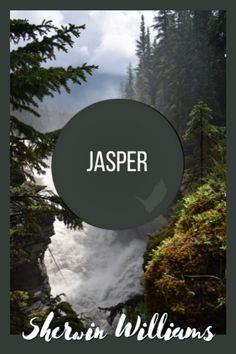 a waterfall with the words jasper written on it and trees in the foreground